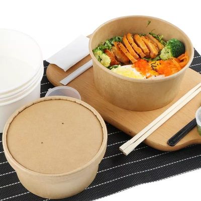 レストランの円形のクラフト紙の透明なふたが付いているテークアウトのサラダ ボール1000ML