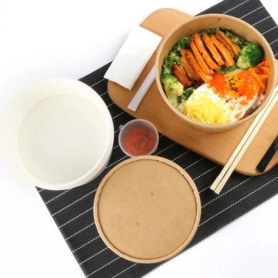 レストランの円形のクラフト紙の透明なふたが付いているテークアウトのサラダ ボール1000ML